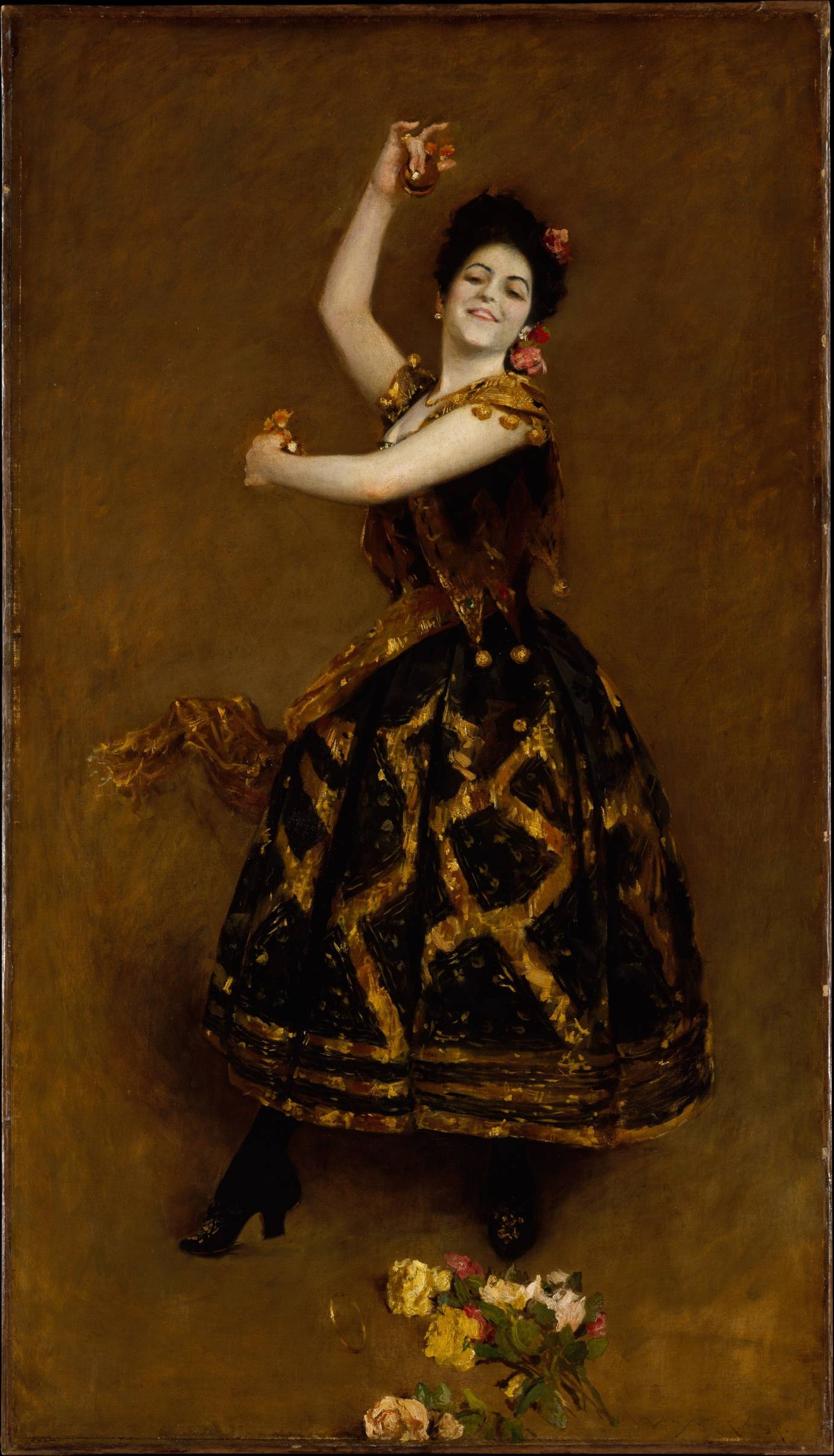 A 19th century painting of Carmencita, smiling with arms placed around the body playing the castenets. She is dressed in a sleeveless black and gold dress.
